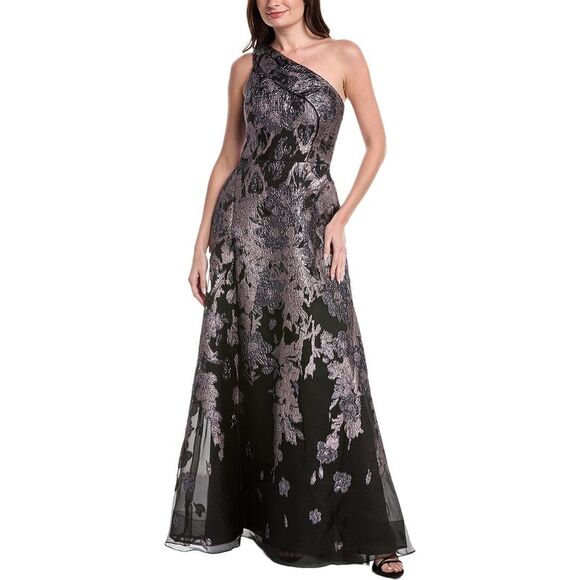 Teri Jon By Rickie Freeman WomensFloral Met Jacquard Pleated One Shoulder